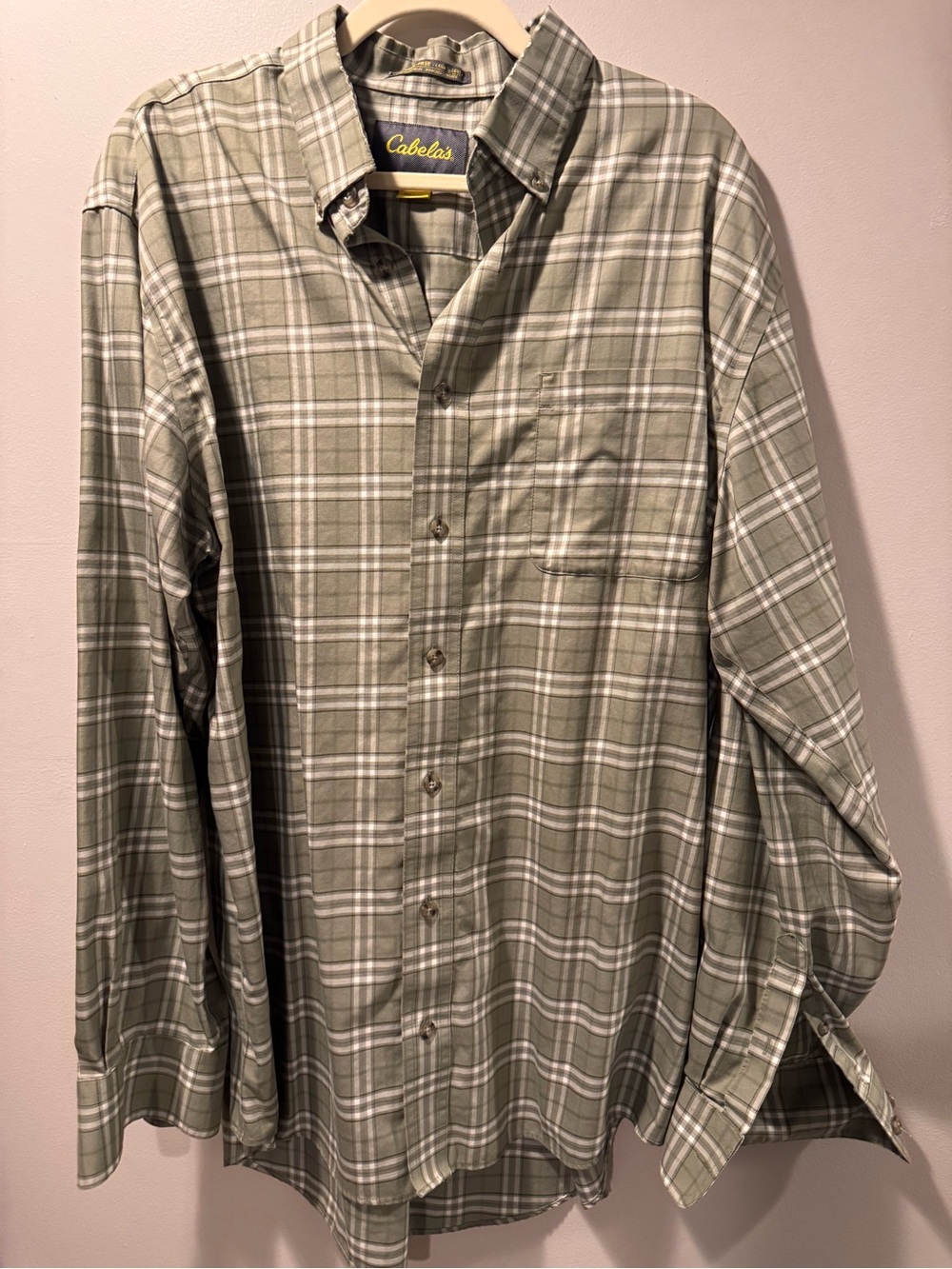 Cabela's Wrinkle Free Olive and White Plaid Button-Down Shirt XLT